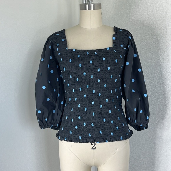 Ganni Shirred Smocked Ruffle Trimmed Polka Dot Cotton Poplin Top - Picture 2 of 9